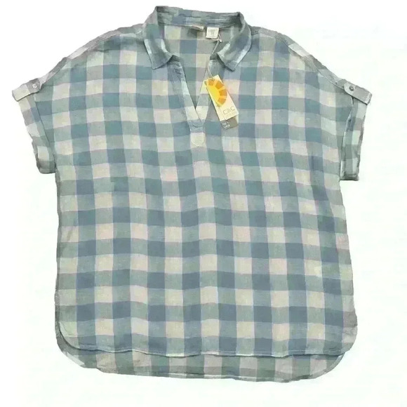 NWT C & C California Top Womens Medium Blue White Check Linen Relaxed Fit Summer - Picture 1 of 12